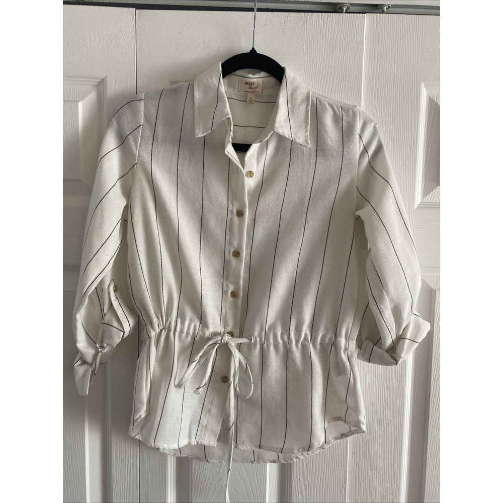 Dizzy Lizzy Striped Button Down Womens Size S White Pinstripe Cotton Blend